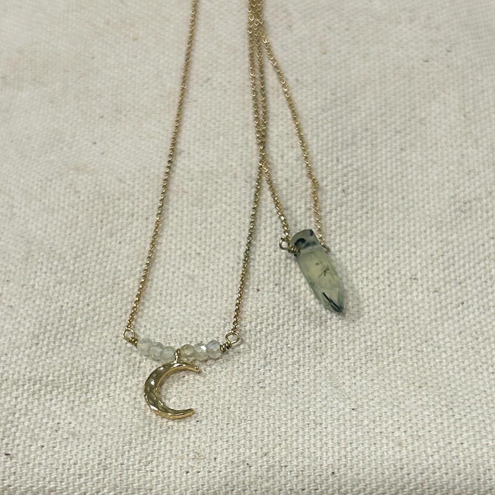 Gold Crescent and Green Stone Necklace